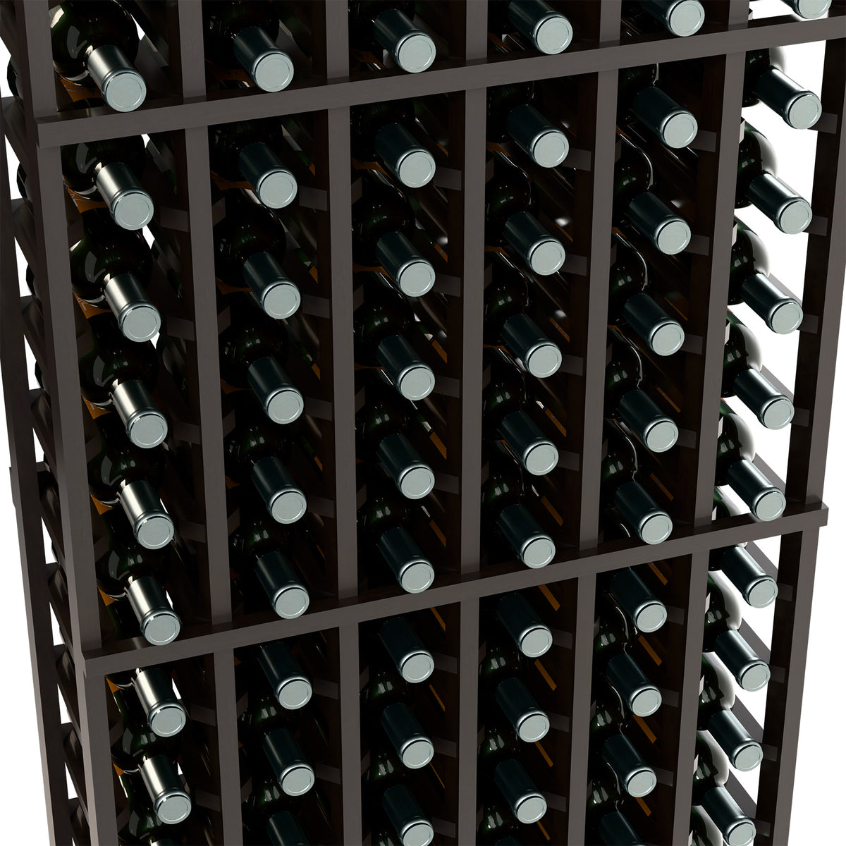 6-column wine bottle rack close-up with dark wood frame and bottles in rows