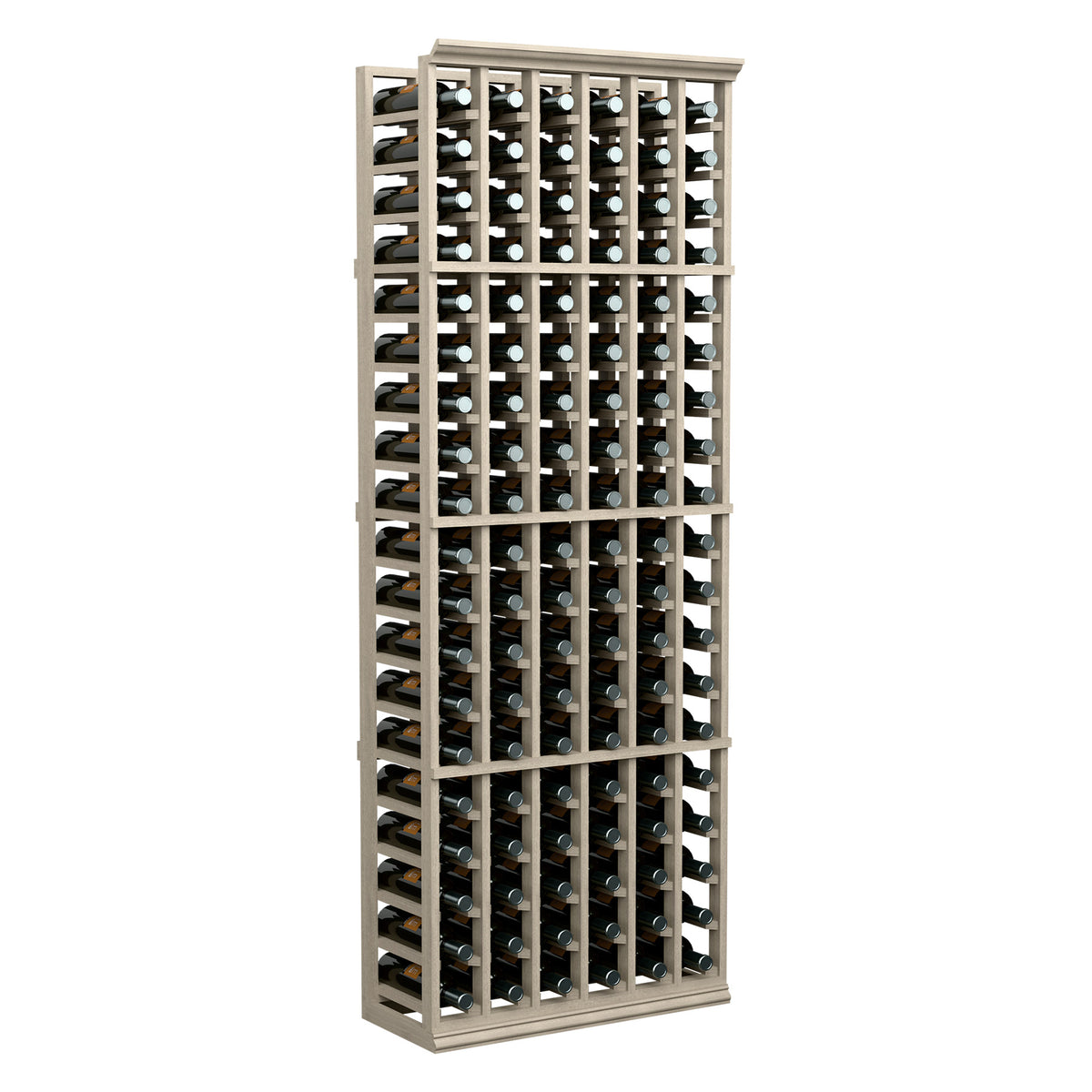 Wine bottle rack with 6 columns, light wood frame, open grid holding dark bottles