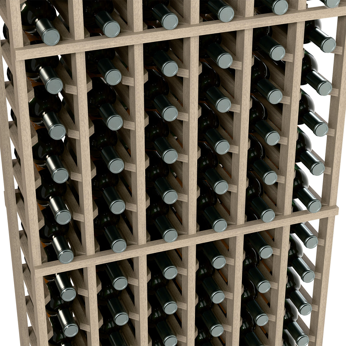 Wine bottle rack interior view, 6 columns, light wood dividers holding dark bottles