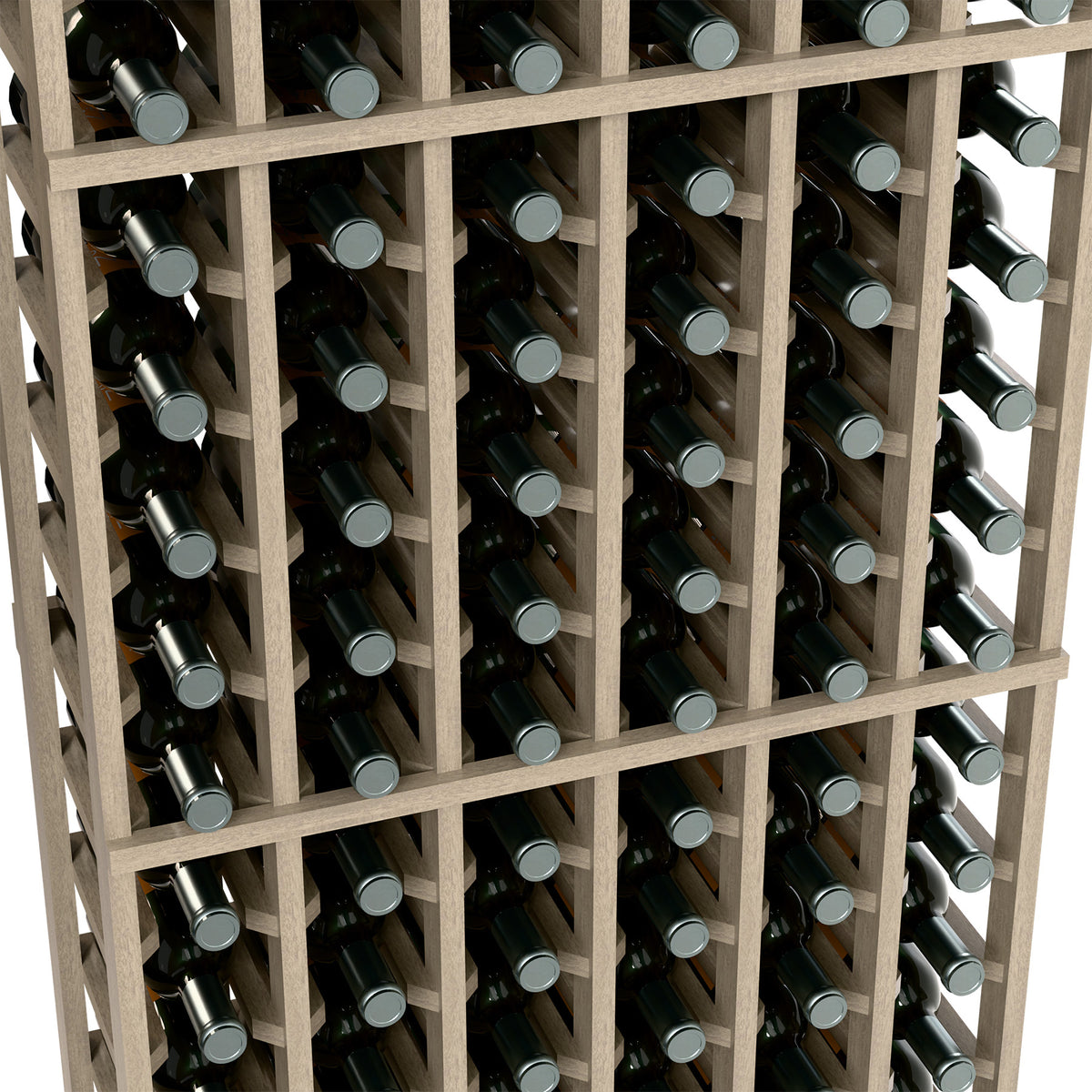 Wine bottle rack close-up interior, 6 columns, light wood lattice holding dark bottles
