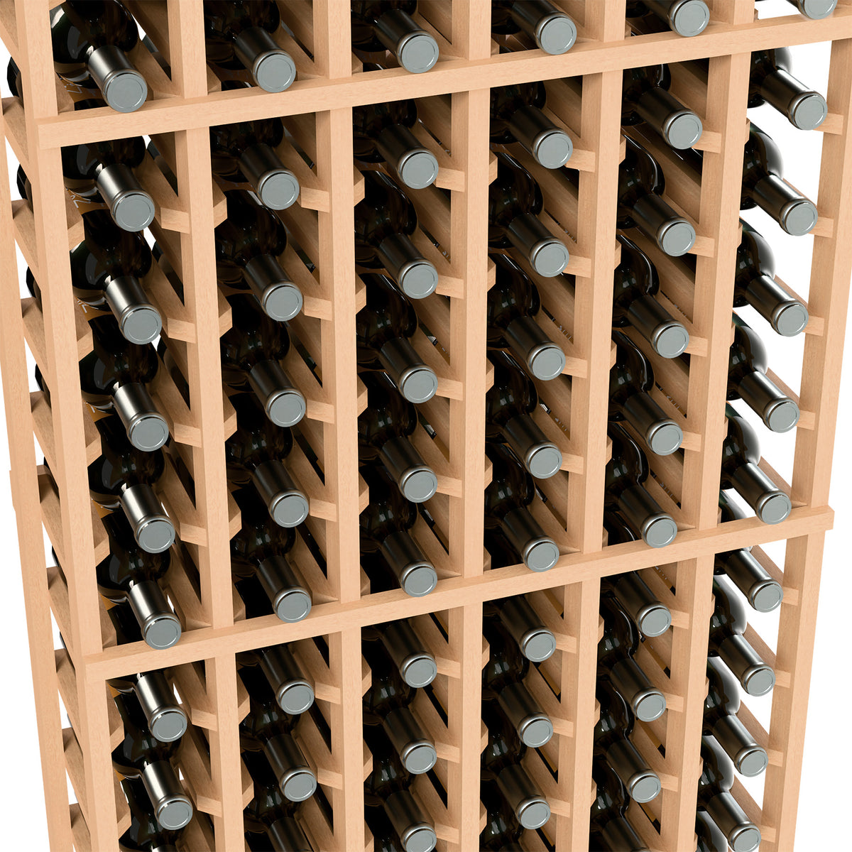 Wine bottle rack interior view, 6 columns, light wood dividers holding dark bottles