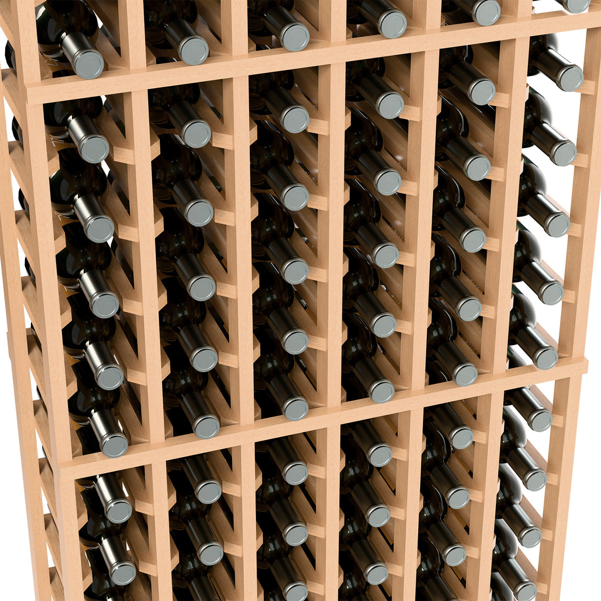 Wine bottle rack close-up interior, 6 columns, light wood grid holding dark bottles