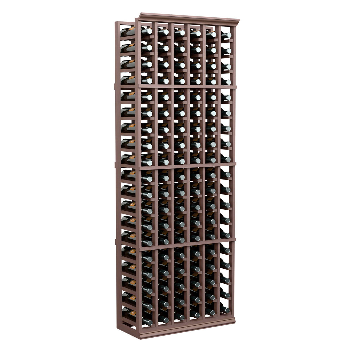 6-foot wine bottle rack with 6 columns, dark stained wood frame, open bottle slots