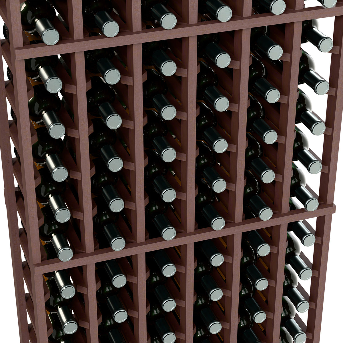 Wine bottle rack close-up interior, 6 columns, reddish-brown frame holding dark bottles