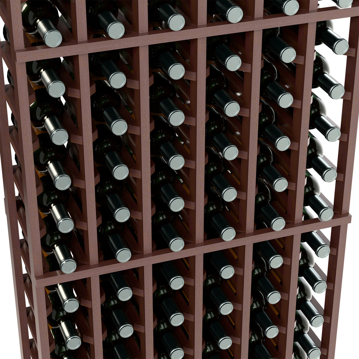 6-column wine rack close-up with bottle necks in dark brown wooden grid