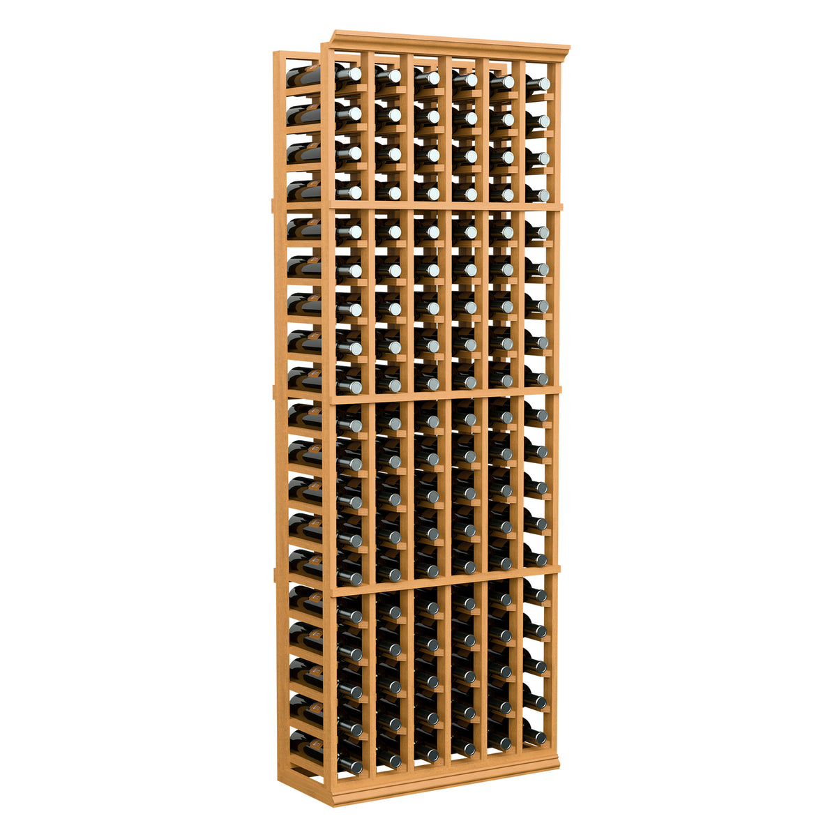 6-column wine rack with open cubbies holding bottles, natural light wood frame