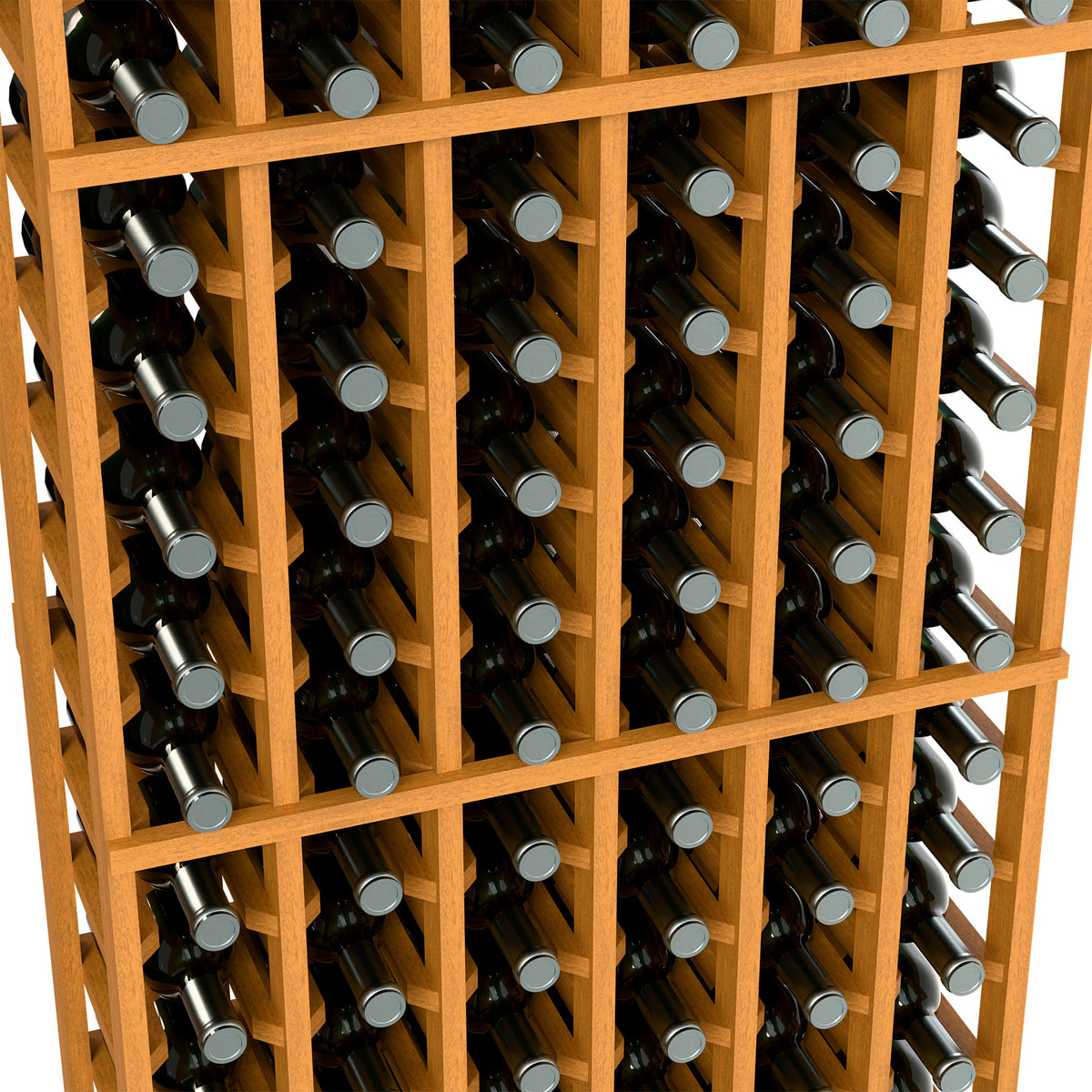 6-column wine rack close-up with bottle necks in natural light wood grid