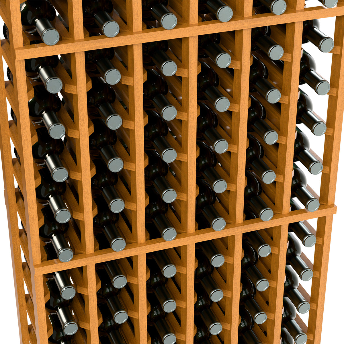6-column wine rack close-up with bottle necks in natural light wood frame