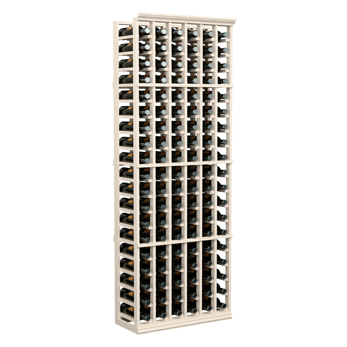 6-column wine rack with open cubbies holding bottles, white-painted wood frame