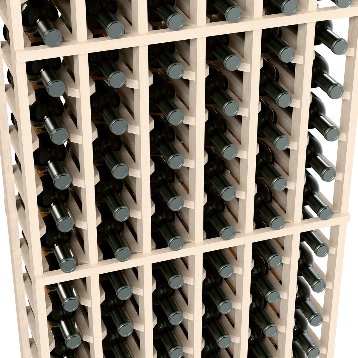 6-column wine rack close-up with bottle necks in white wooden grid