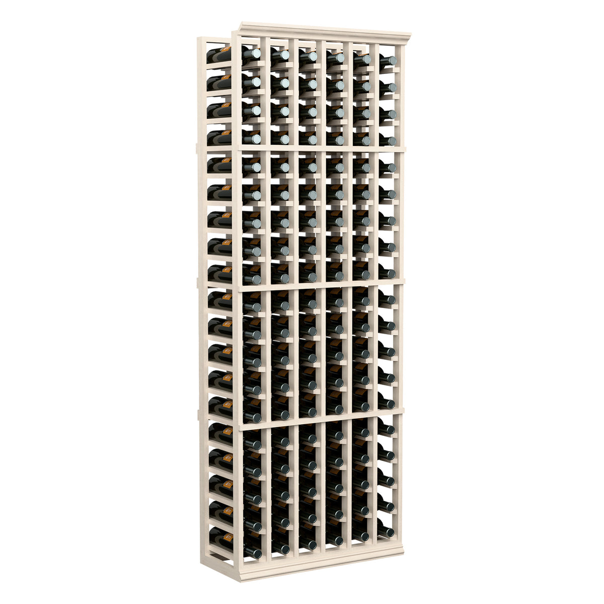 6-column wine rack front view with bottles in white wooden cubbies
