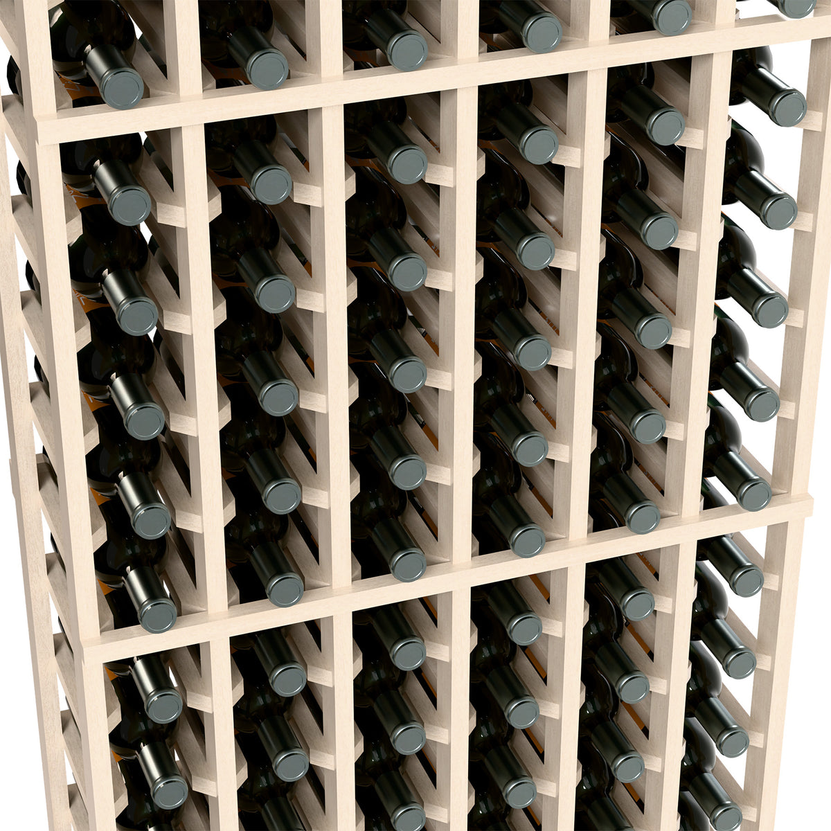 6-column wine rack close-up with bottle necks in white wooden frame
