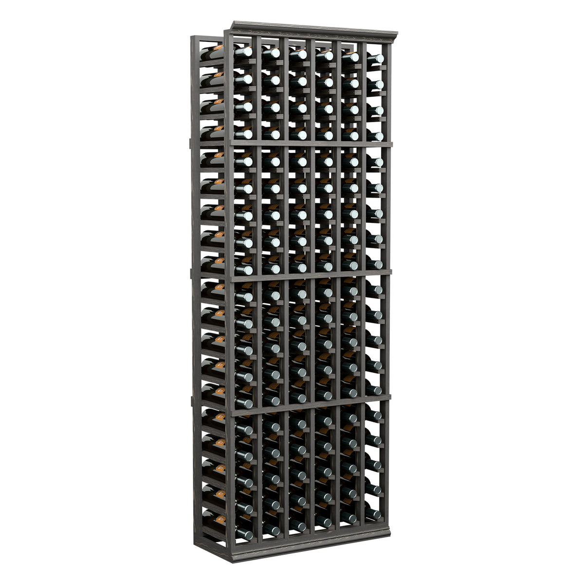 6-foot wine bottle rack with dark frame and standing bottles in grid cells