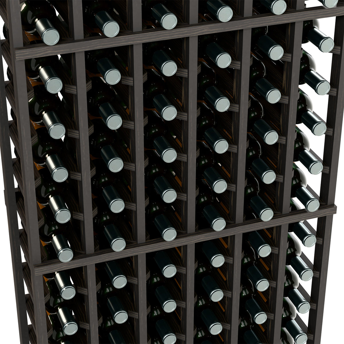 Close-up of dark wine rack showing bottles held in square wooden compartments