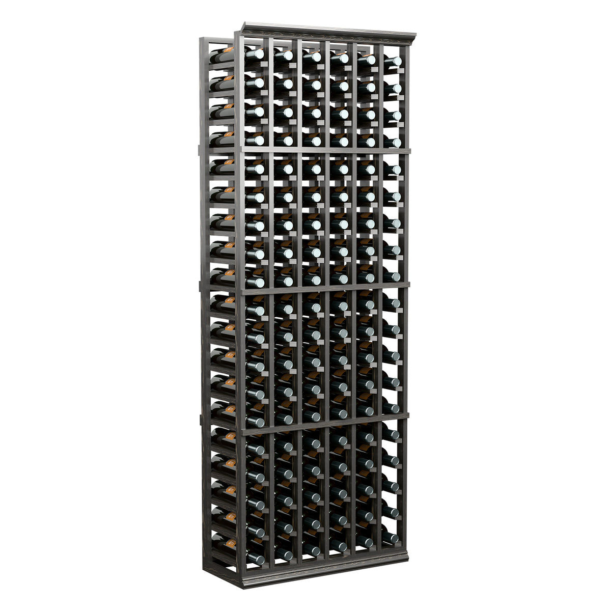 6-foot wine bottle rack with dark frame, front view of bottle storage grid
