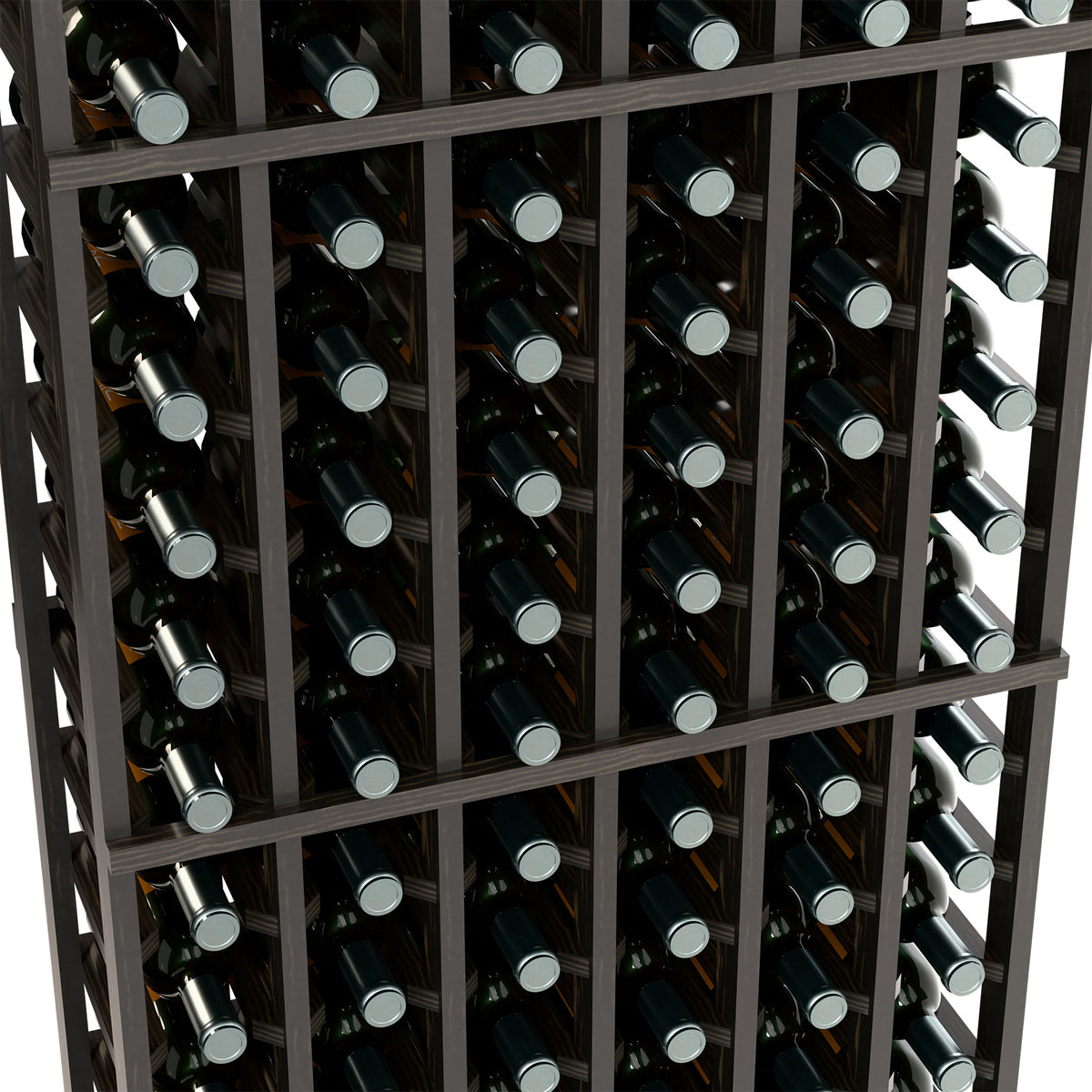 Close-up of dark wine rack with bottles stored upright in wooden cube slots