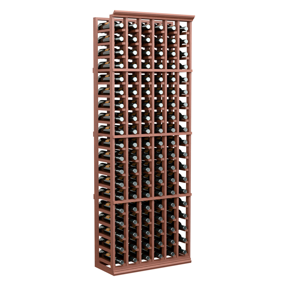 6-foot wine bottle rack with reddish-brown wood frame and upright bottles