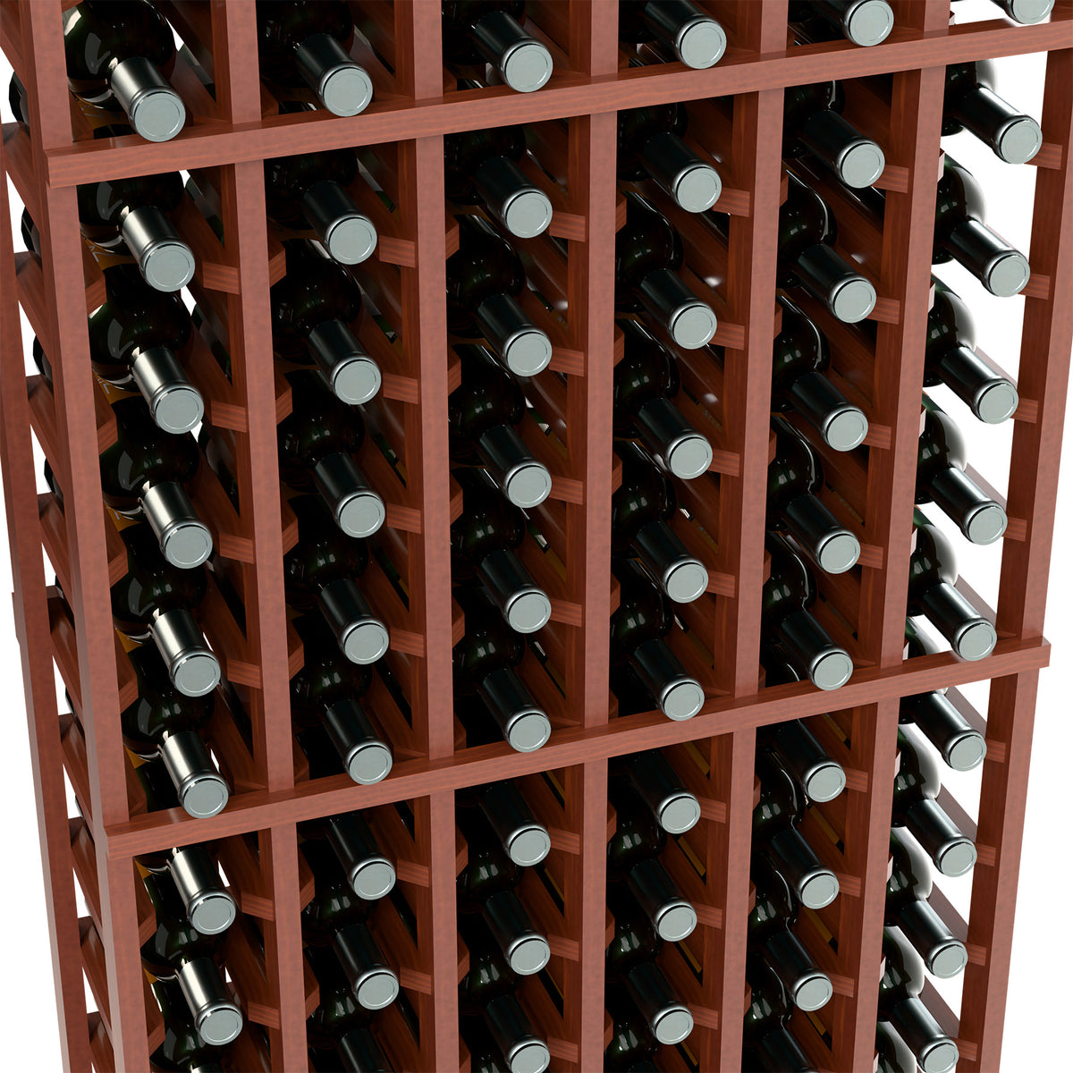 Close-up of reddish-brown wine rack with bottles arranged in front grid cells