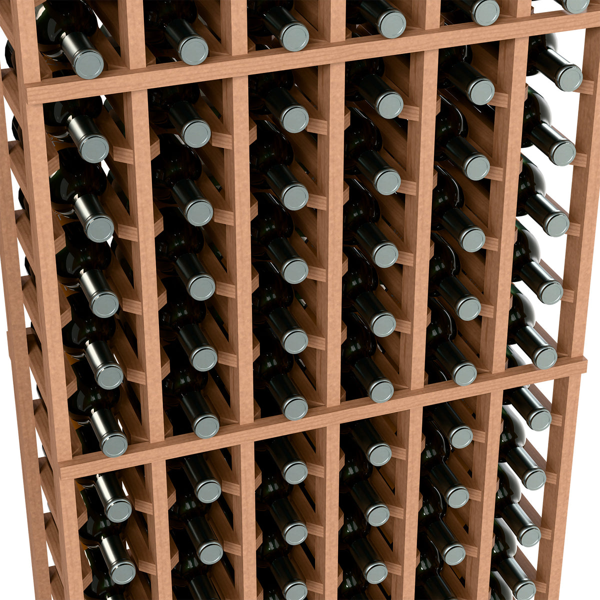 Close-up of reddish-brown wine rack with upright bottles in wooden cubby slots