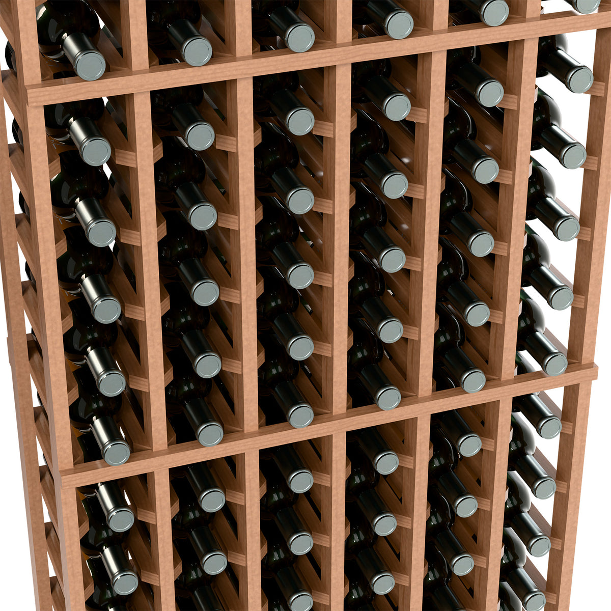 Wine bottle rack detail, light wood grid holding wine bottles with gray caps