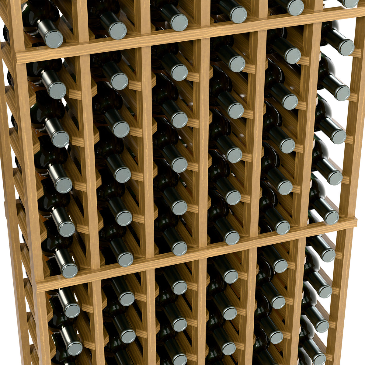 Wine bottle rack detail, light wood grid packed with wine bottles