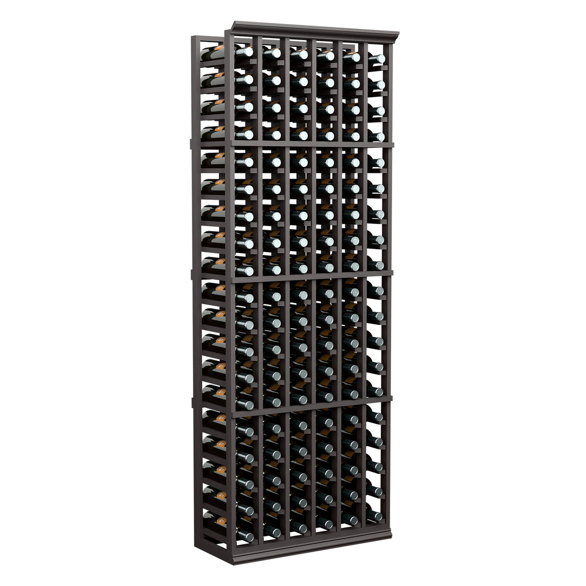 Wine bottle rack, 6FT 6-column, dark wood frame with bottle-filled cubbies