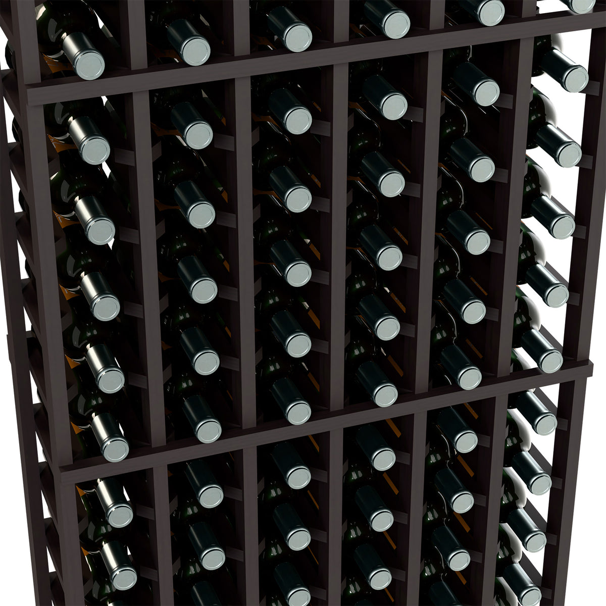 Wine bottle rack detail, dark wood grid holding wine bottles with gray caps