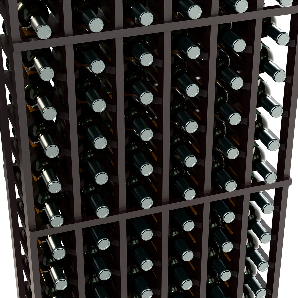 Wine bottle rack detail, dark wood frame packed with wine bottles