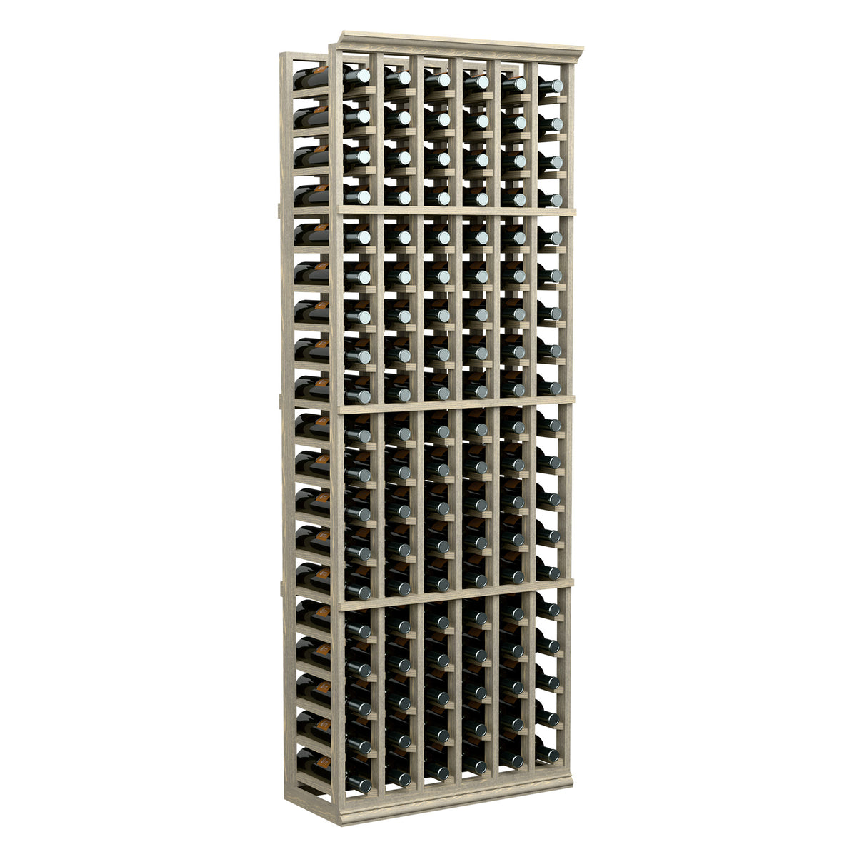 6-column wine bottle rack, light wood frame holding rows of bottles