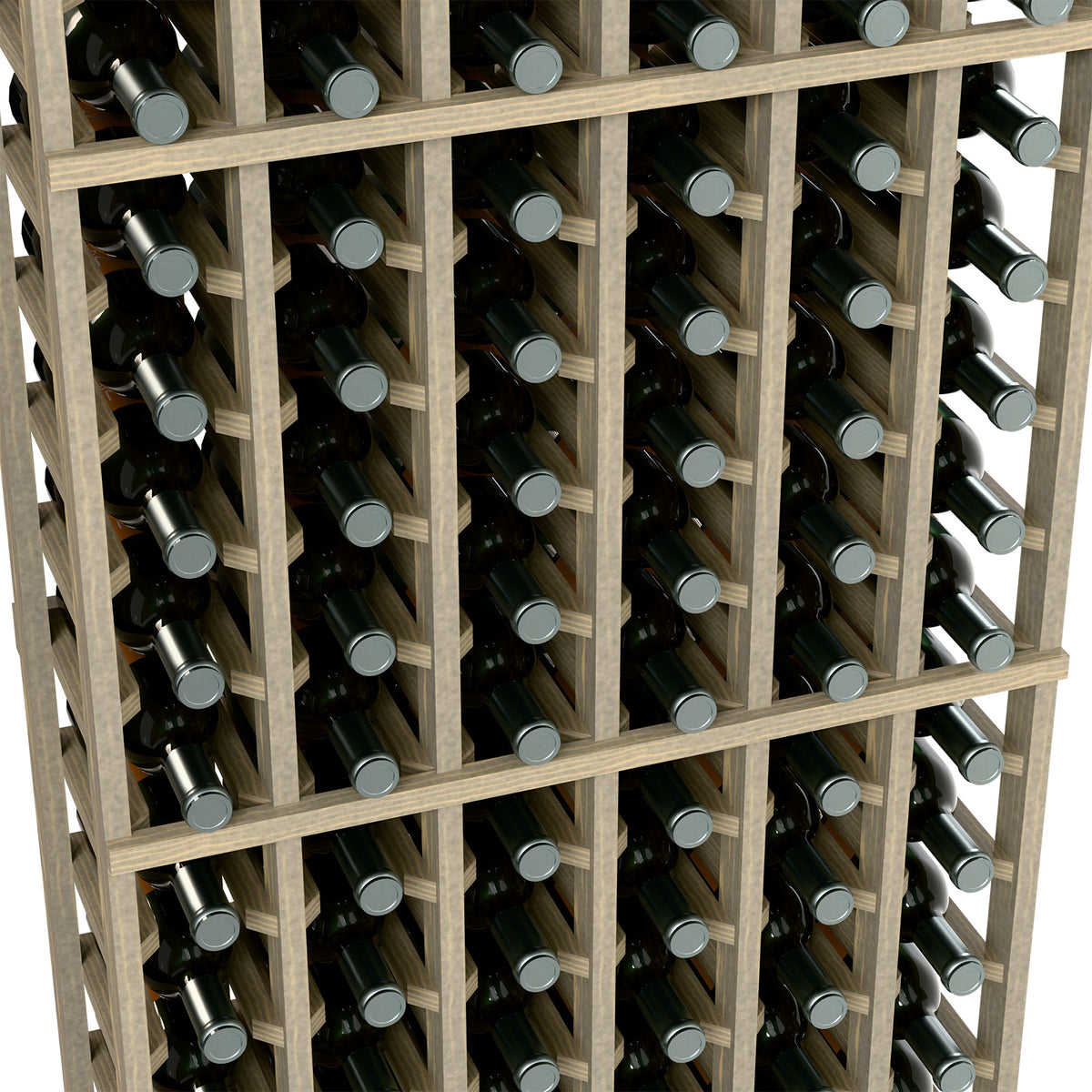 6-column wine bottle rack close-up with light wood grid and bottle necks