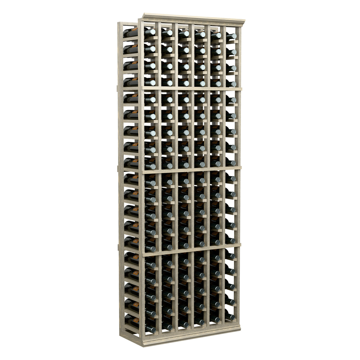 6-column wine bottle rack with light wood frame and front row of bottles