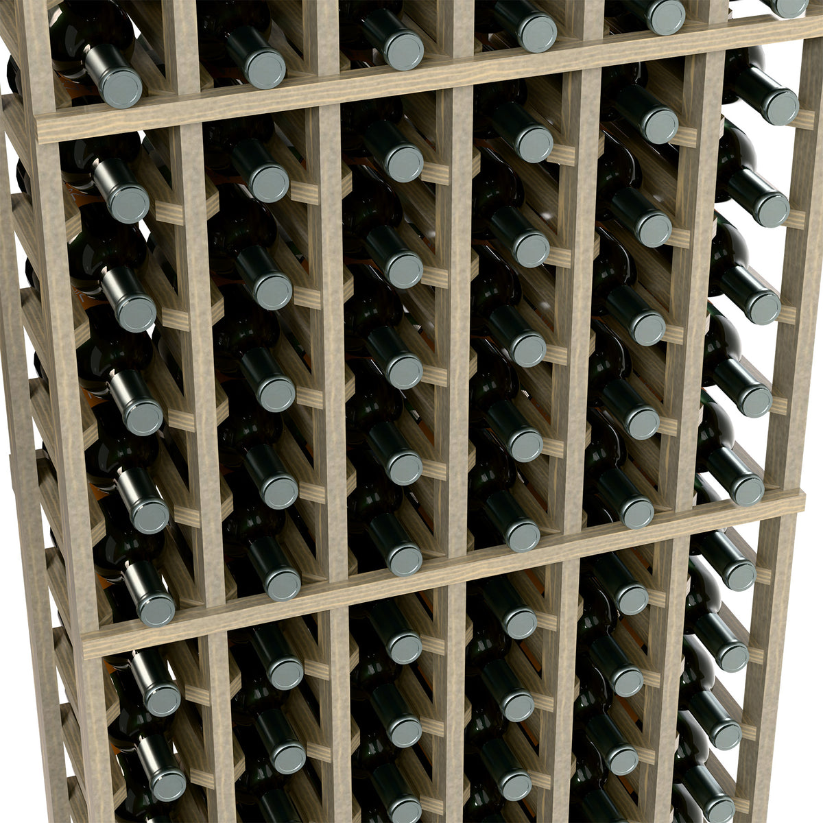 6-column wine bottle rack close-up showing light wood shelves and bottle rows