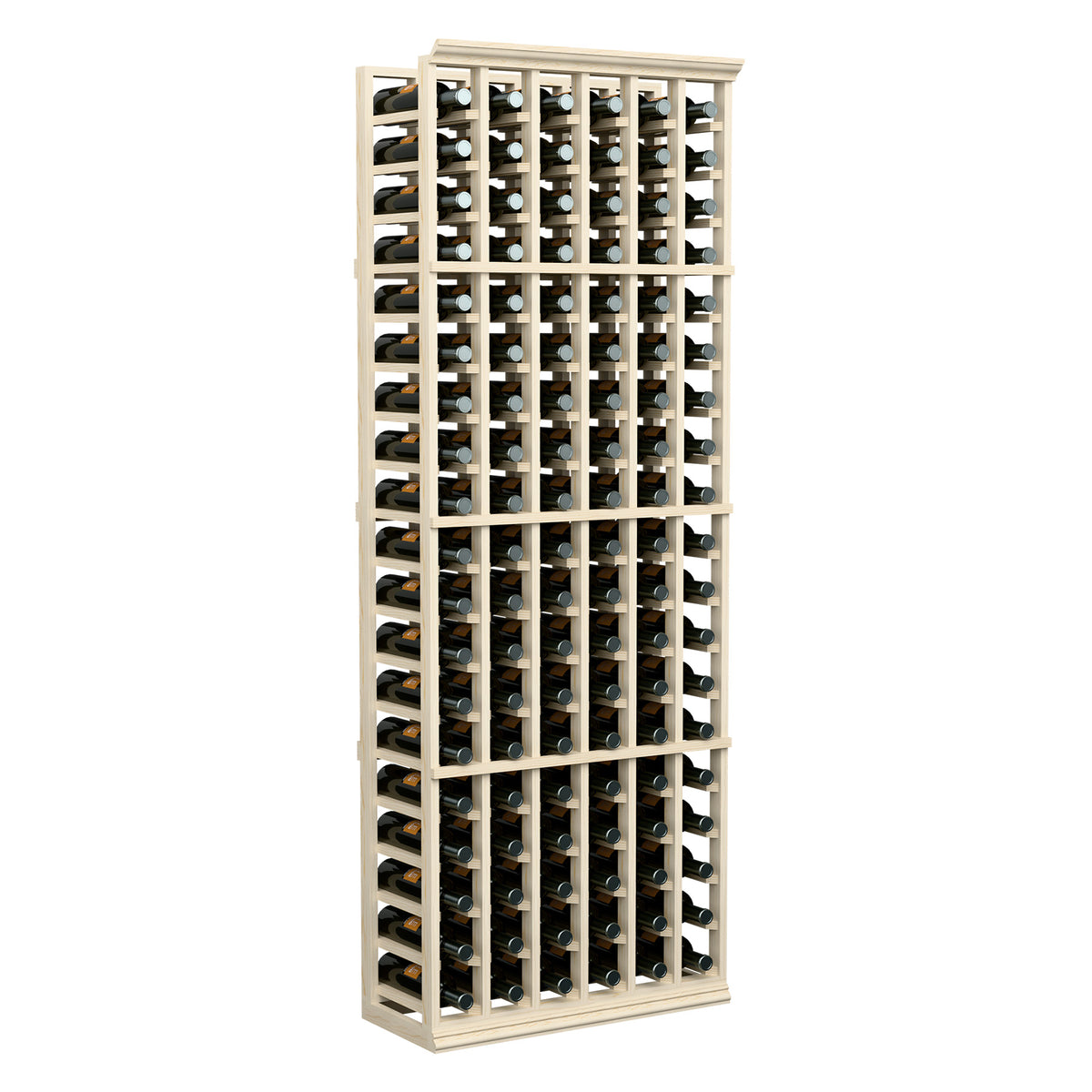 6-column wine bottle rack, tall light wood frame with multiple bottle compartments