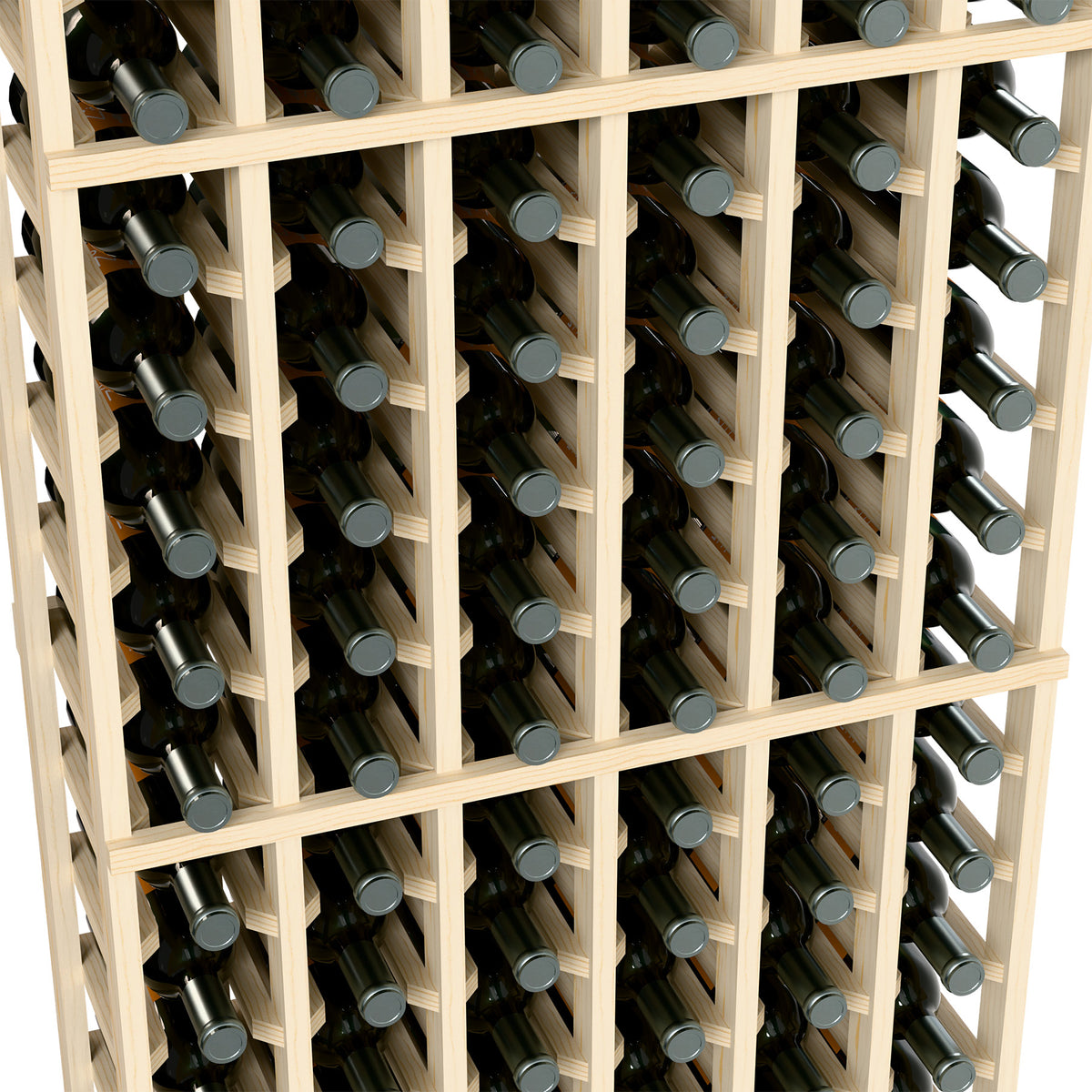 6-column wine bottle rack close-up with light wood grid and dark bottle bodies