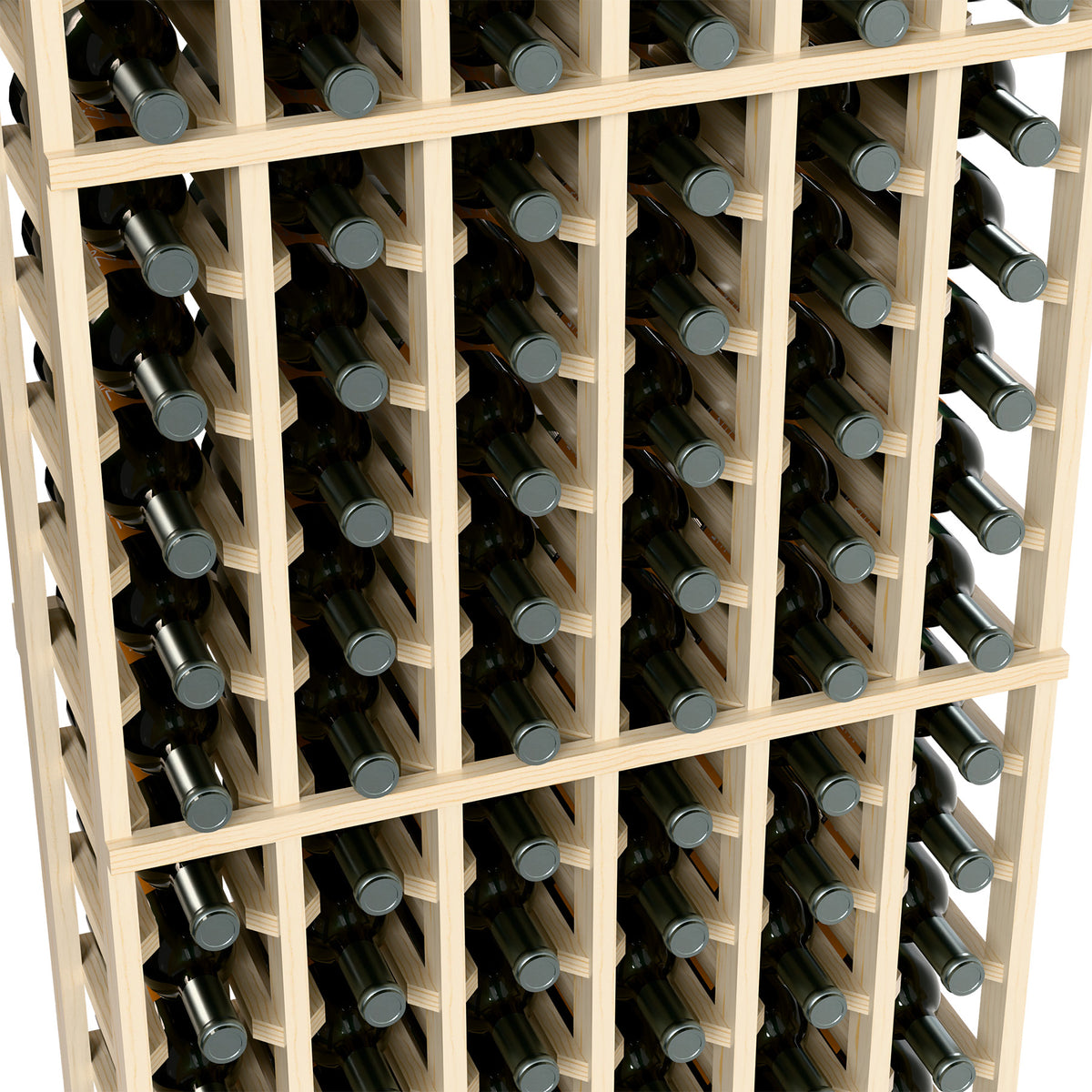 6-column wine bottle rack close-up with pale wood grid and bottle necks