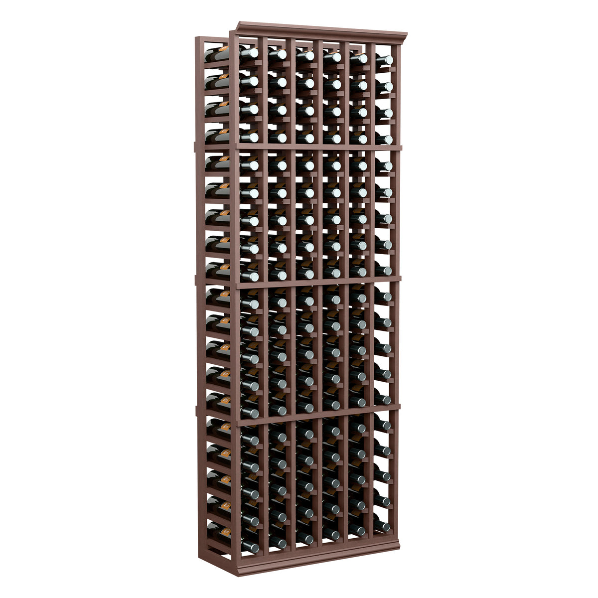 6-column wine bottle rack, dark brown frame holding bottles in vertical rows