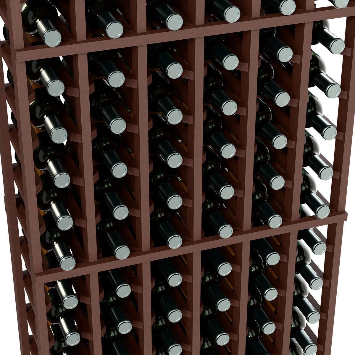 6-column wine bottle rack close-up with dark wood grid and bottle necks