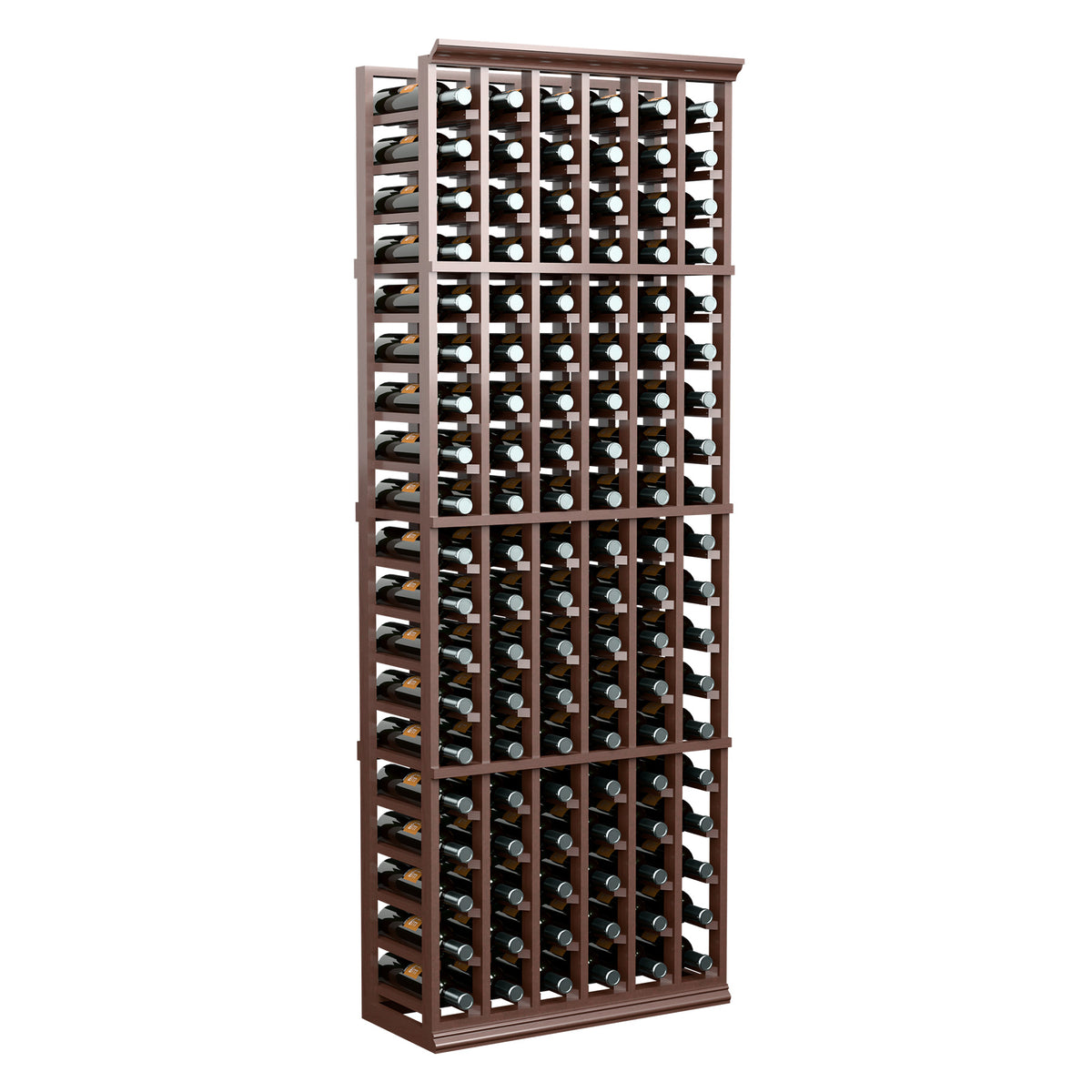Dark wood 6-column wine bottle rack with empty grid holding many bottles