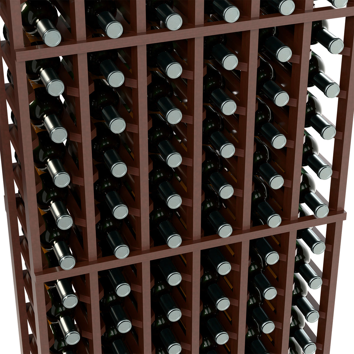 Close-up of dark wood wine bottle rack with bottle slots and caps