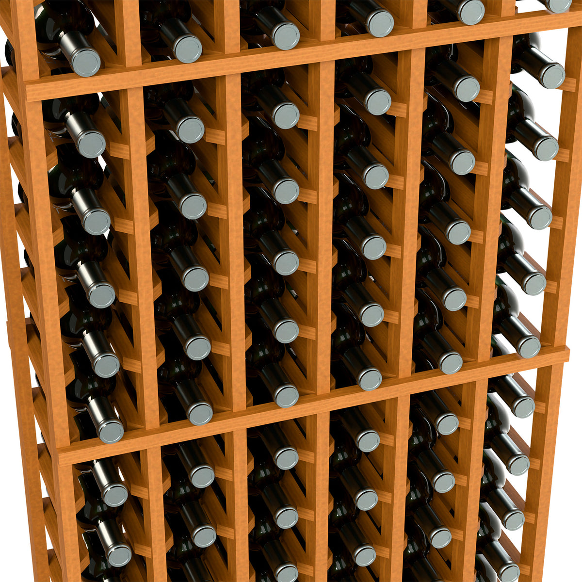 Close-up of light wood wine bottle rack grid with bottle storage rows