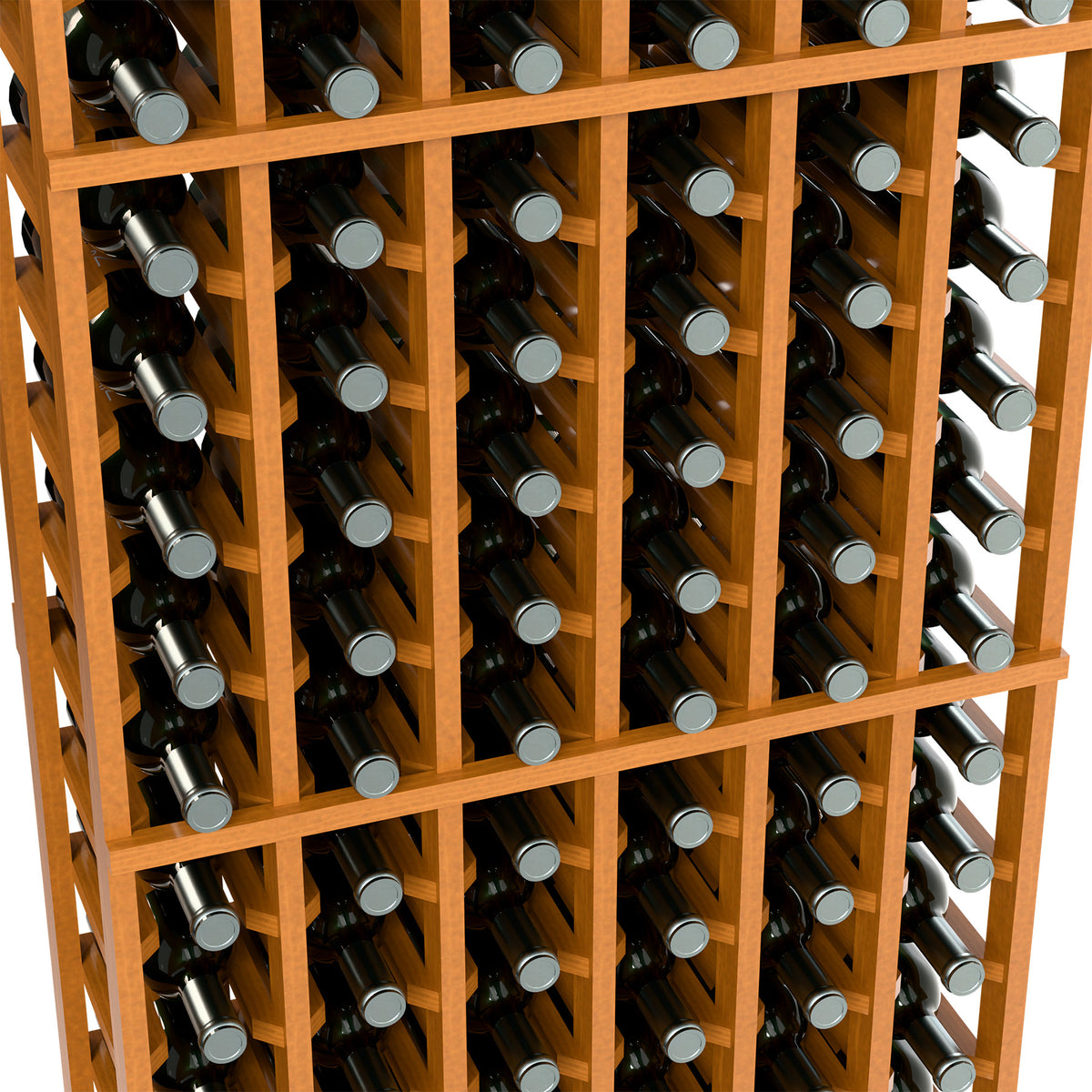 Close-up of light wood wine bottle rack showing bottle necks and caps