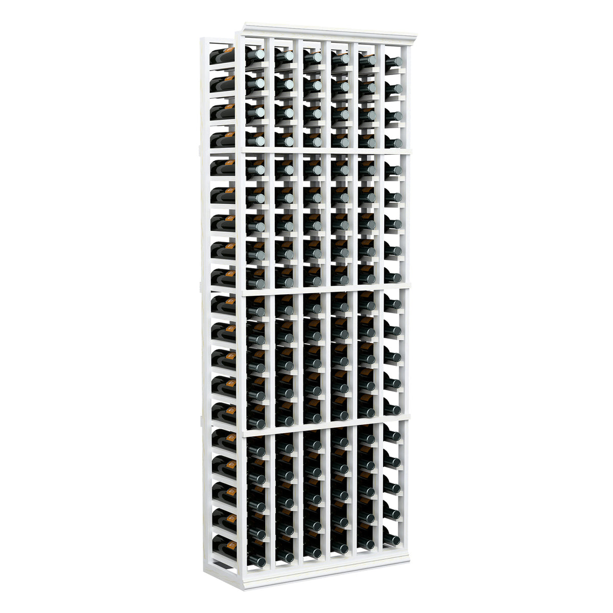 White 6-column wine bottle rack with empty grid holding many bottles