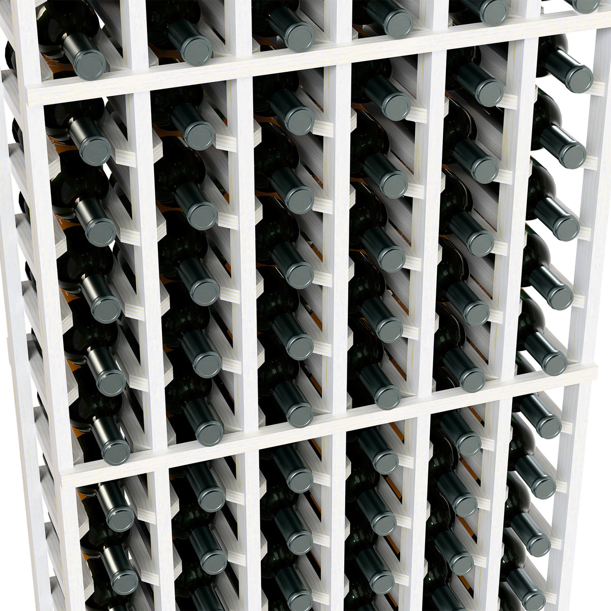 Close-up of white wine bottle rack grid with bottle slots and silver-gray caps