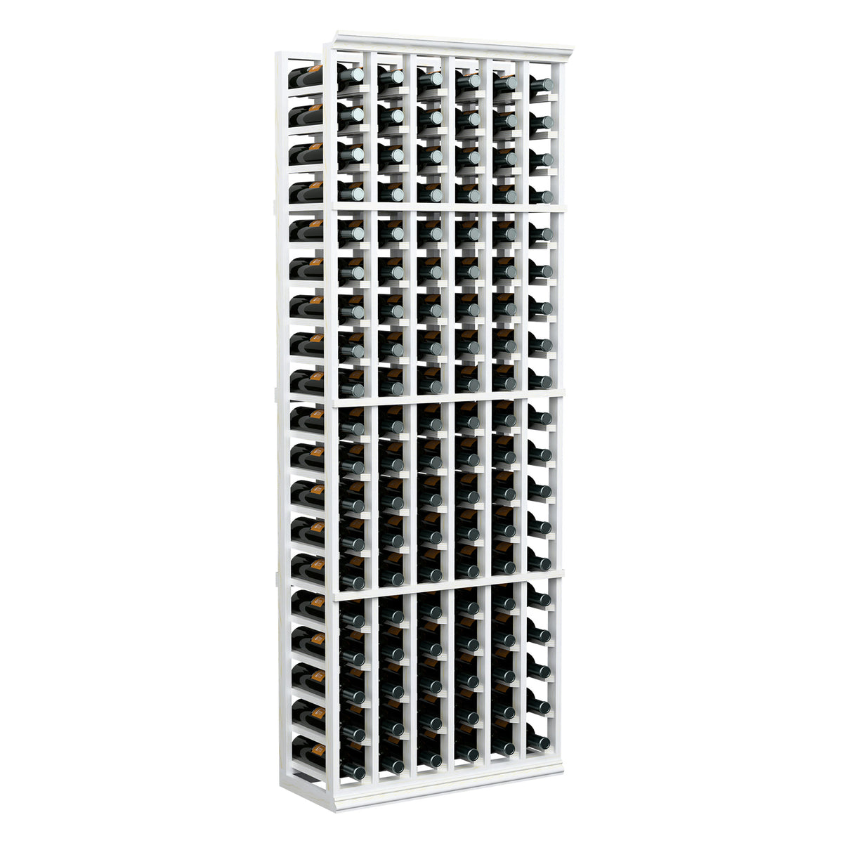 White 6-column wine bottle rack with top frame and multiple bottle rows