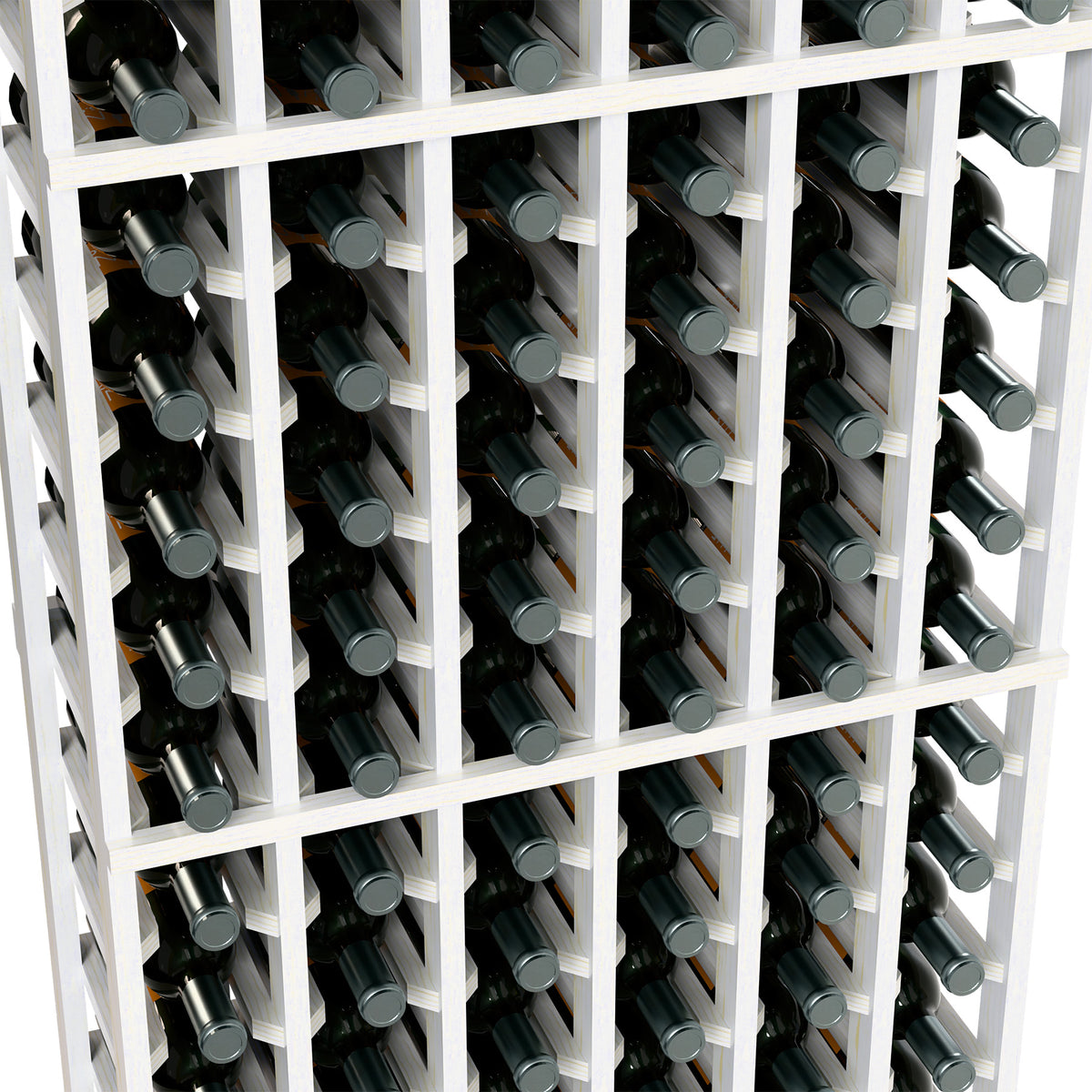 Close-up of white wine bottle rack showing bottle openings and caps in rows