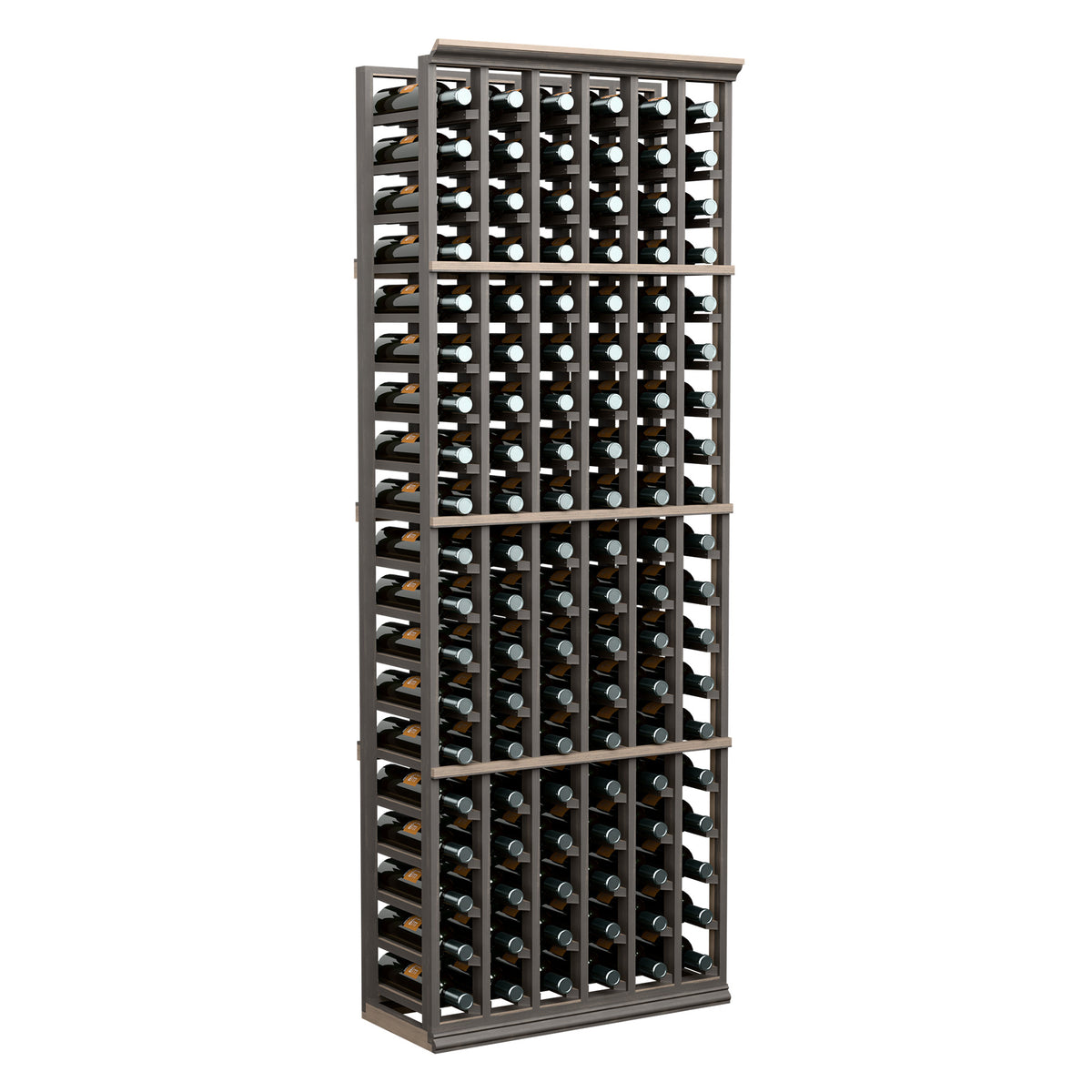 6-column wine bottle rack with dark frame and glass bottle storage, front view.