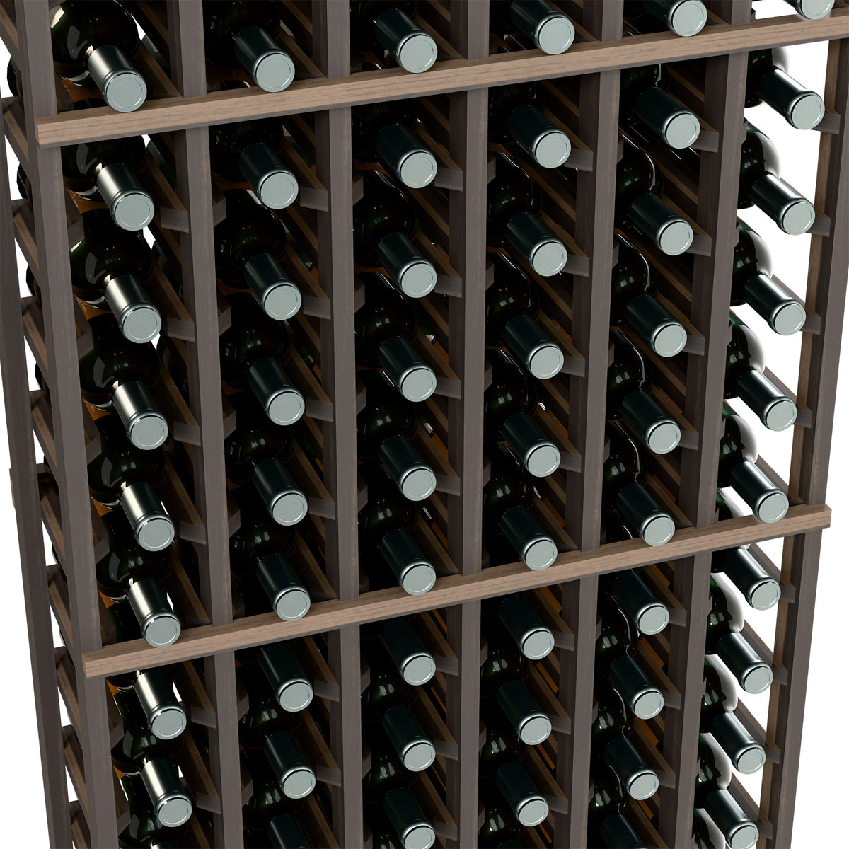 6-column wine rack close-up showing dark bottles in a wood frame grid.