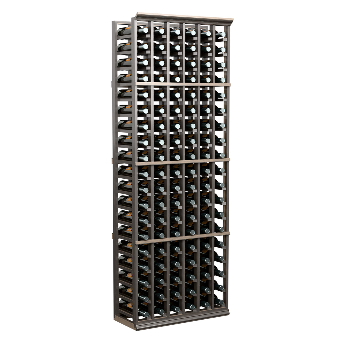 6-column wine bottle rack with dark frame and capped bottles, full front view.