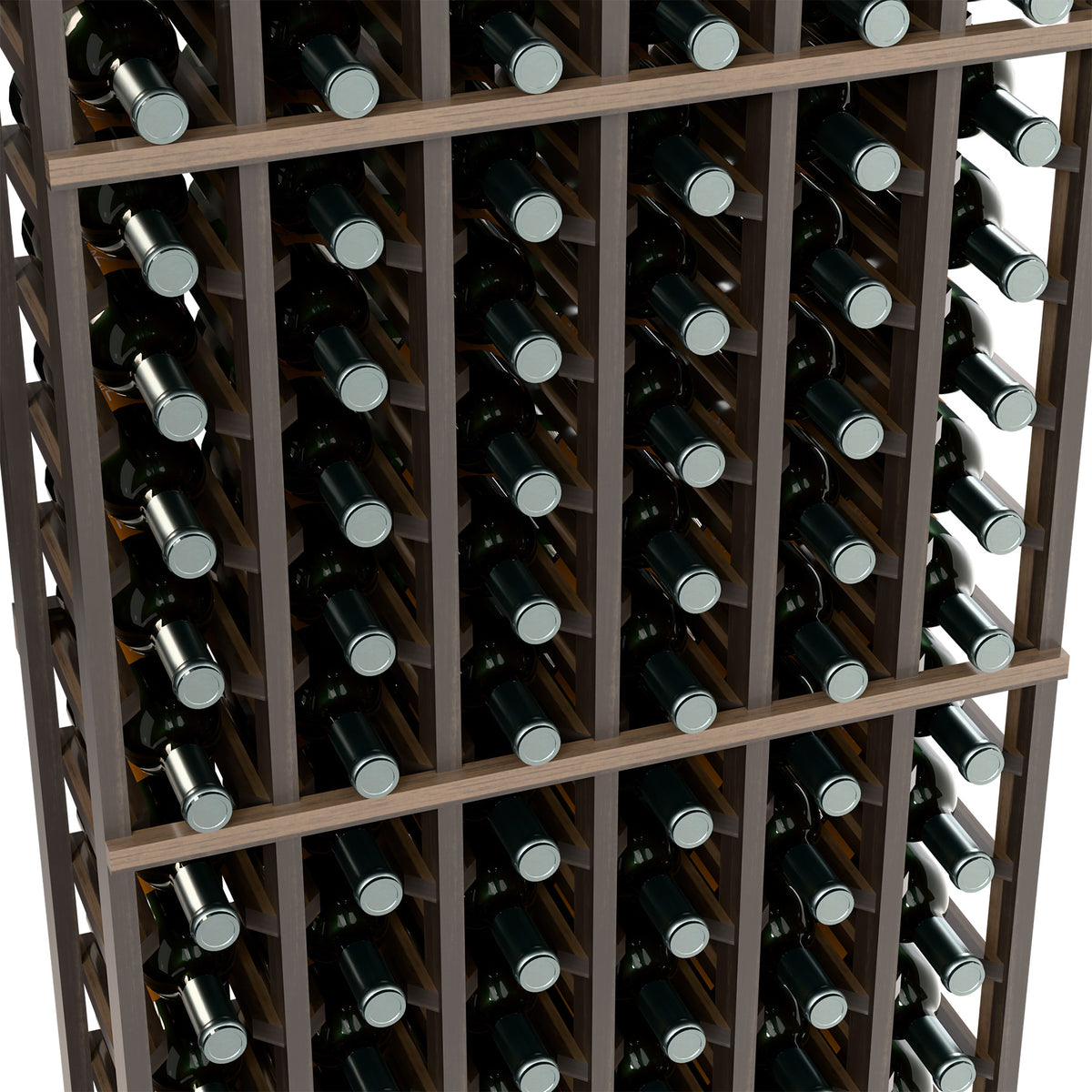 6-column wine rack close-up with dark bottles and dark wood slat frame.