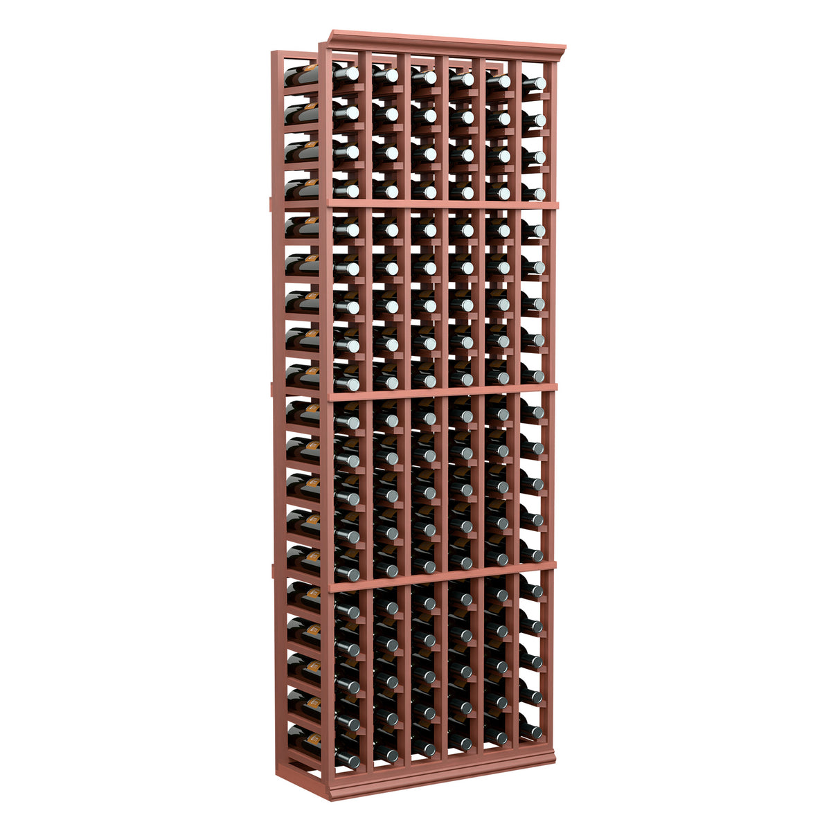 6-column wine bottle rack with red-brown frame and bottle storage, front view.